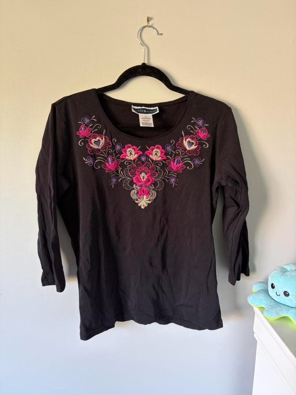 Karen Scott Black Long Sleeve Top with Pink & Purple Embroidery
